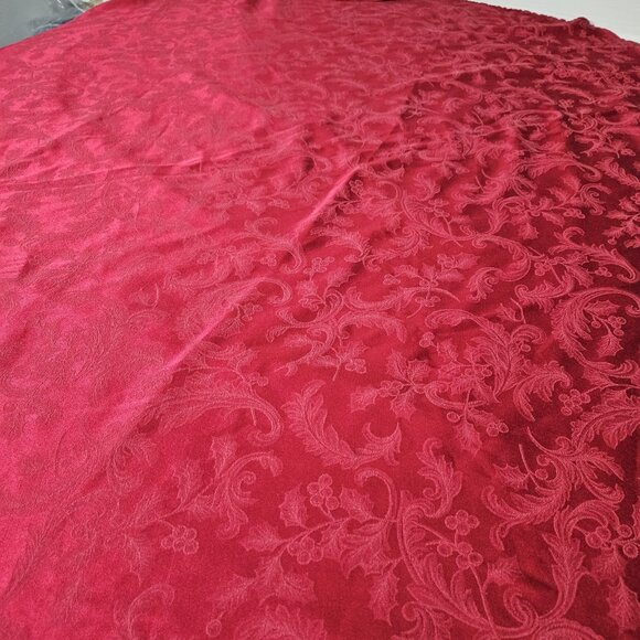 Red Holiday Christmas Round Tablecloth 68in Jacquard Damask Holly Berry Pattern - Picture 5 of 8